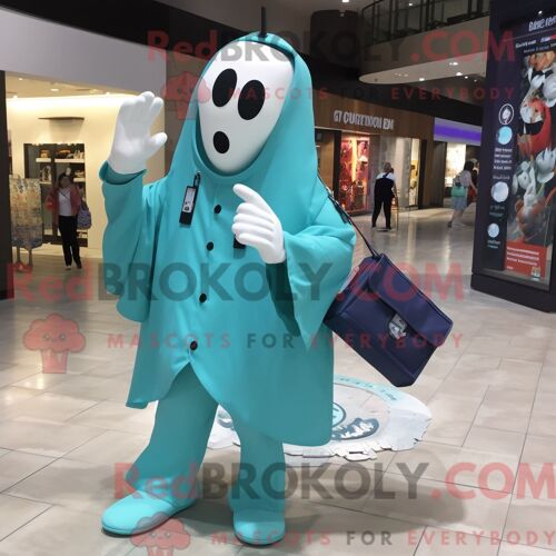 Costume De Mascotte Redbrokoly De Fantôme Turquoise Habillé D Une Chemise En Popeline Et De Sacs Messager