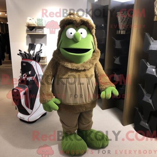 Personnage De Costume De Mascotte Redbrokoly De Sac De Golf Olive Habillé Avec Un Pantalon Et Des Gants En Velours Côtelé