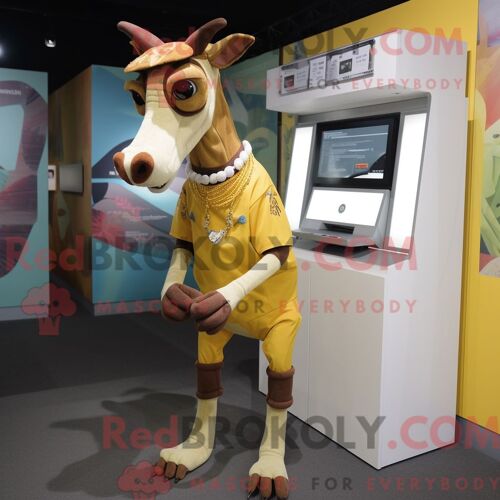 Costume Mascotte Redbrokoly D Okapi Jaune Habillé D Un Bermuda Et D Une Ceinture De Smoking