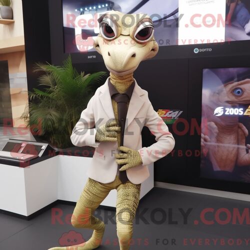 Costume Mascotte Redbrokoly De Coelophysis Crème Personnage Habillé D Un Gilet Et De Montres Connectées