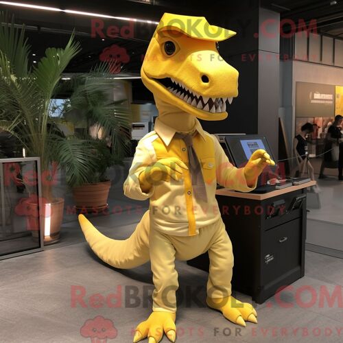 Mascotte Redbrokoly De Tyrannosaure Jaune Costume De Personnage Habillé Avec Un Pantalon Chino Et Des Boucles D Oreilles