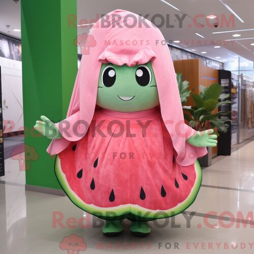 Costume Mascotte Redbrokoly De Pastèque Rose Personnage Habillé Avec Un Chemisier Et Des Châles