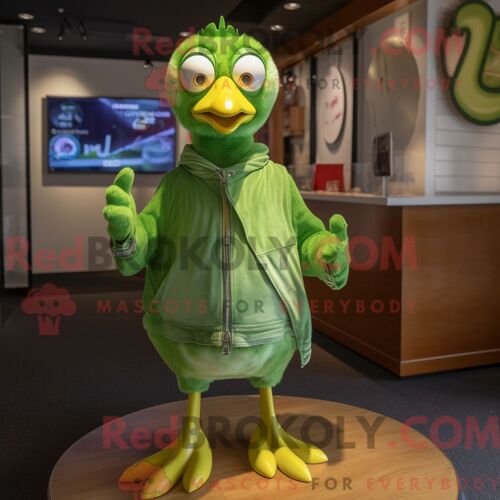 Costume Mascotte Redbrokoly De Mouette Vert Citron Personnage Habillé Avec Un Jean Et Des Bagues