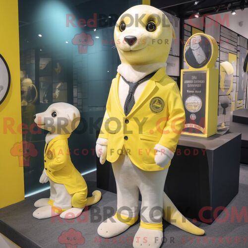 Costume De Mascotte Redbrokoly De Phoque Jaune Citron Habillé D Un Blazer Et De Montres