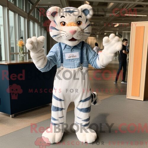 Costume De Mascotte Redbrokoly De Tigre Crème Personnage Habillé D Une Chemise En Chambray Et De Coussinets De Pieds