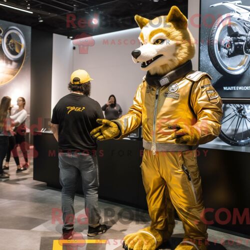 Costume De Mascotte Redbrokoly De Loup Doré Habillé D Une Veste De Moto Et De Montres