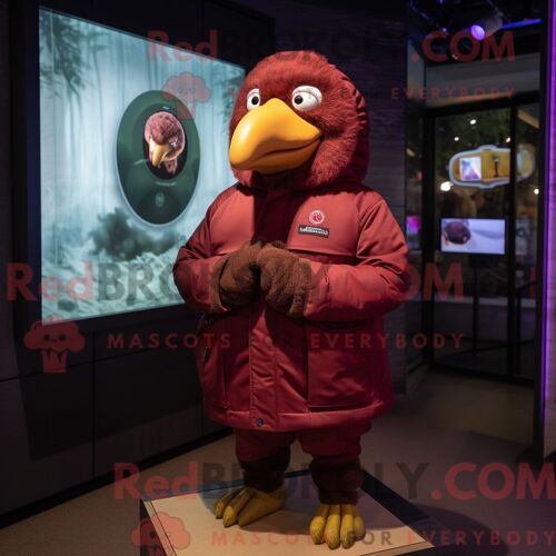 Costume De Mascotte Redbrokoly De Dinde Marron Habillé D Une Parka Et De Montres Intelligentes