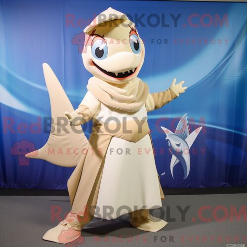 Costume Mascotte Redbrokoly D Espadon Beige Habillé D Une Jupe Longue Et De Coussinets De Pieds