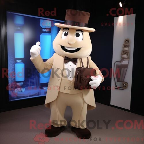 Costume Mascotte Redbrokoly De Barres De Chocolat Beiges Personnage Habillé D Un Smoking Et De Sacs Messager