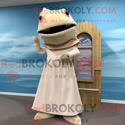 Costume Mascotte Redbrokoly D Espadon Beige Habillé D Une Jupe Longue Et De Coussinets De Pieds