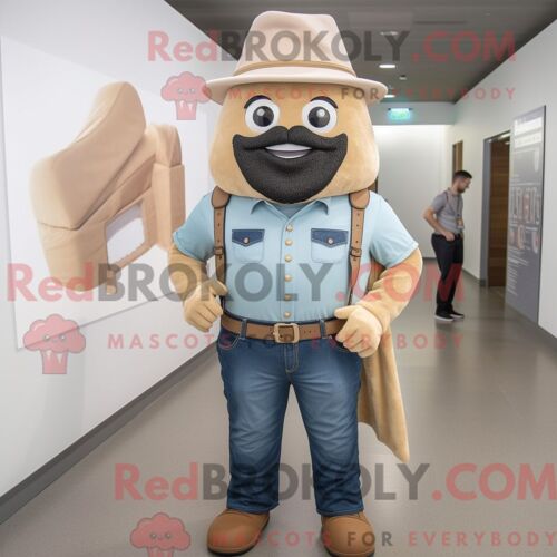 Personnage De Costume De Mascotte Redbrokoly De Cornet De Crème Glacée Beige Habillé Avec Une Chemise En Jean Et Des Ceintures