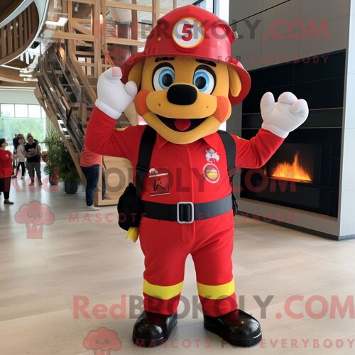 Costume De Mascotte Redbrokoly De Pompier Rouge Habillé D Une Barboteuse Et De Bérets