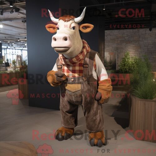 Costume De Mascotte Redbrokoly De Zébu Rouille Habillé D Une Chemise En Flanelle Et De Ceintures