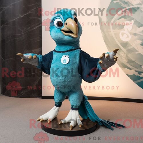 Costume Mascotte Redbrokoly De Faucon Turquoise Personnage Habillé Avec Un Pantalon De Yoga Et Des Broches