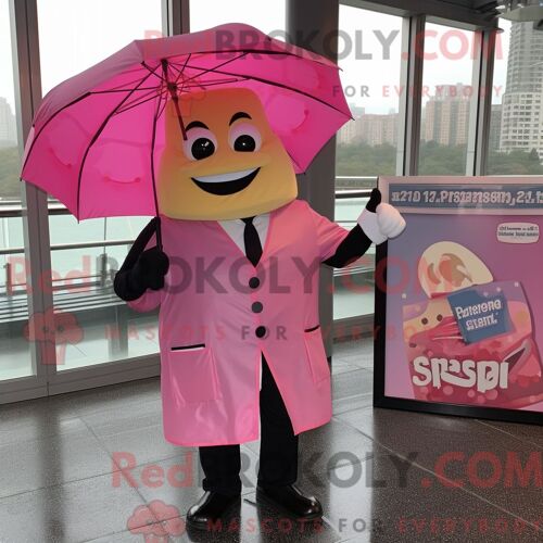 Personnage De Costume De Mascotte Redbrokoly De Tranche De Pizza Rose Habillé D Un Imperméable Et De Porte-Documents