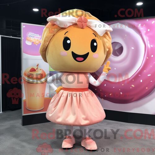 Costume De Mascotte Redbrokoly De Donut De Pêche Personnage Habillé Avec Une Robe De Cocktail Et Des Bandeaux