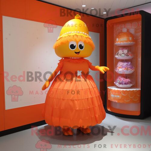 Costume Mascotte Redbrokoly De Boîte À Bonbons Orange Personnage Habillé Avec Une Robe Taille Empire Et Des Montres