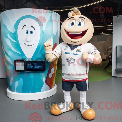 Costume De Mascotte Redbrokoly De Coeur Crème Habillé D Un Maillot De Rugby Et De Montres Intelligentes