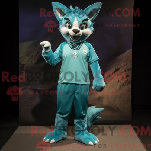 Costume De Mascotte Redbrokoly De Lynx Turquoise Habillé D Un T-Shirt Henley Et De Lacets De Chaussures