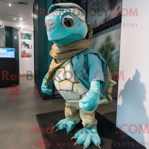 Costume De Mascotte Redbrokoly De Tortue De Mer Bleu Sarcelle Habillé Avec Un Pantalon Chino Et Des Écharpes
