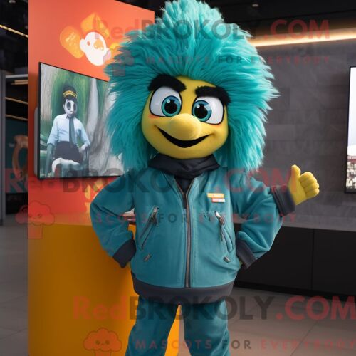 Costume De Mascotte Redbrokoly De Paella Bleu Sarcelle Habillé D Une Veste De Moto Et De Pinces À Cheveux