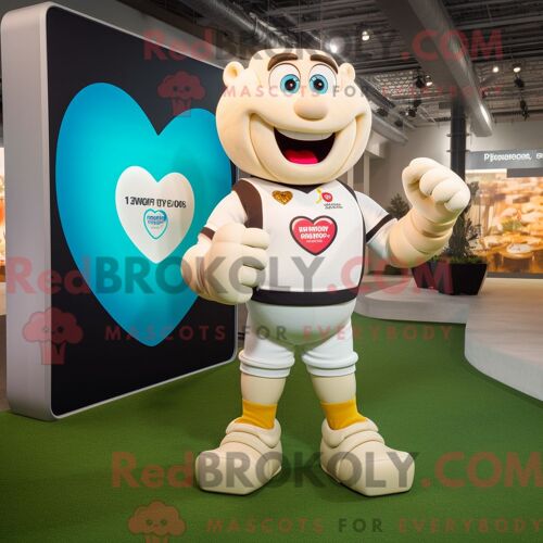 Costume De Mascotte Redbrokoly De Coeur Crème Habillé D Un Maillot De Rugby Et De Montres Intelligentes