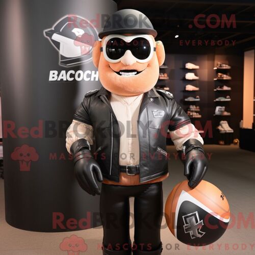 Personnage De Costume De Mascotte Redbrokoly De Ballon De Rugby Peach Habillé Avec Une Veste De Motard Et Des Pochettes De Costume