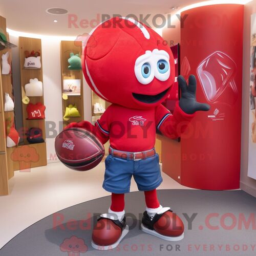 Personnage De Costume De Mascotte Redbrokoly De Ballon De Rugby Rouge Habillé D Un Jean Évasé Et De Pochettes