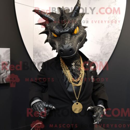 Costume Mascotte Redbrokoly De Dragon Noir Personnage Habillé D Un Blazer Et De Colliers