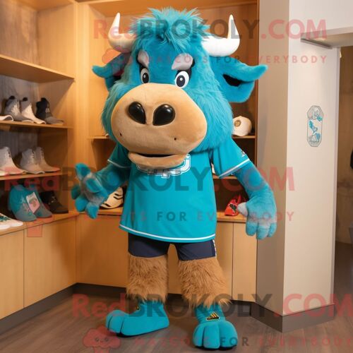 Costume Mascotte Redbrokoly De Bison Turquoise Habillé D Un Short Et De Pinces À Chaussures