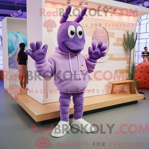 Costume Mascotte Redbrokoly De Homard Lavande Personnage Habillé D Un Sweat-Shirt Et De Pinces À Chaussures