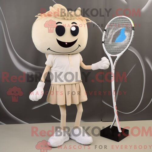 Mascotte Redbrokoly De Personnage De Costume De Raquette De Tennis Beige Habillé Avec Un Pantalon Capri Et Des Épingles À Cheveux