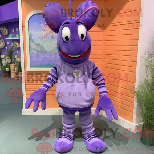 Costume Mascotte Redbrokoly De Homard Lavande Personnage Habillé D Un Sweat-Shirt Et De Pinces À Chaussures