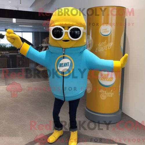 Costume De Mascotte Redbrokoly De Bouteille De Moutarde Bleu Ciel Habillé Avec Une Veste De Moto Et Des Lunettes De Soleil
