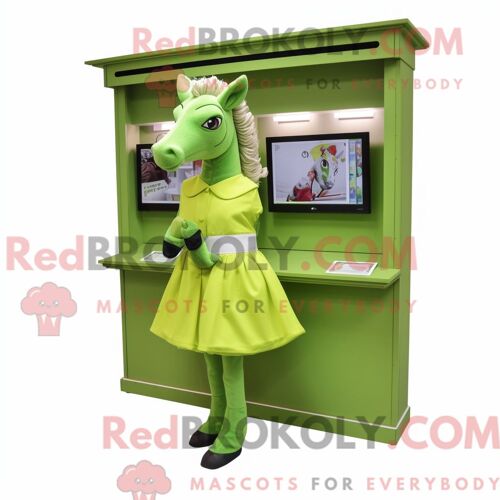 Personnage De Costume De Mascotte Redbrokoly De Jument Vert Citron Habillé D Une Robe Trapèze Et De Portefeuilles