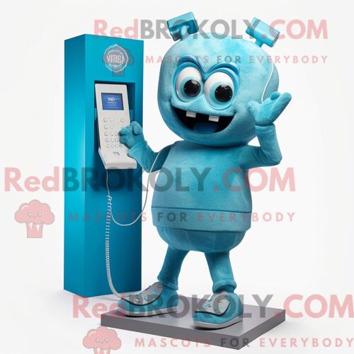 Personnage De Costume De Mascotte Redbrokoly De Téléphone Cyan Habillé Avec Un T-Shirt Graphique Et Des Ceintures De Smoking