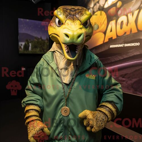Costume Mascotte Redbrokoly D Anaconda Doré Personnage Habillé Avec Un Coupe-Vent Et Des Broches