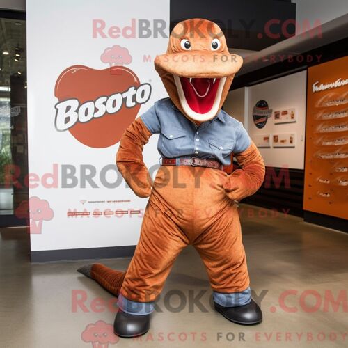 Costume De Mascotte Redbrokoly De Titanoboa Rouille Personnage Habillé D Un Jean Bootcut Et De Boutons De Manchette