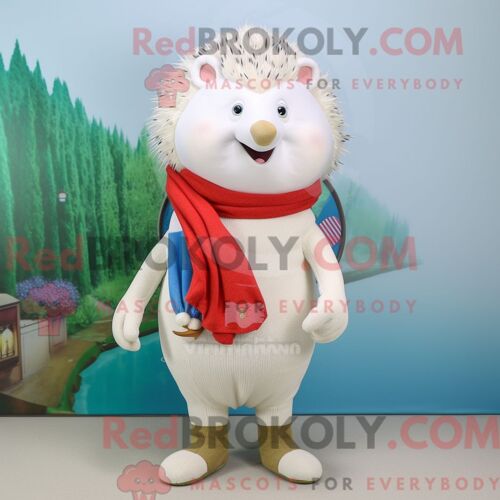 Costume Mascotte Redbrokoly De Hérisson Blanc Personnage Habillé Avec Un Pantalon Capri Et Des Pinces Pour Écharpe