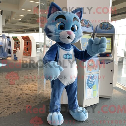 Costume De Mascotte Redbrokoly De Chat Bleu Habillé D Un Débardeur Et D Un Porte-Monnaie