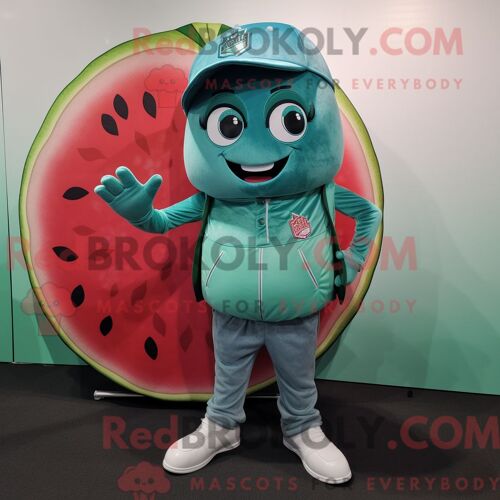 Costume De Mascotte Redbrokoly Cyan Beef Wellington Habillé D Un Blouson Aviateur Et D Écharpes