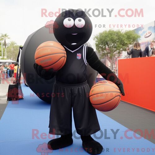 Personnage De Costume De Mascotte Redbrokoly De Ballon De Basket Noir Habillé Avec Un Pantalon Habillé Et Des Sacs Fourre-Tout
