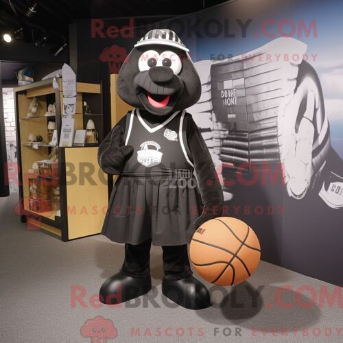 Personnage De Costume De Mascotte Redbrokoly De Ballon De Basket Noir Habillé Avec Un Pantalon Habillé Et Des Sacs Fourre-Tout