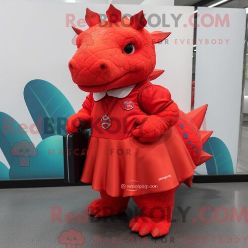 Costume De Mascotte Redbrokoly D Ankylosaure Rouge Habillé D Une Robe Droite Et De Sacs À Dos