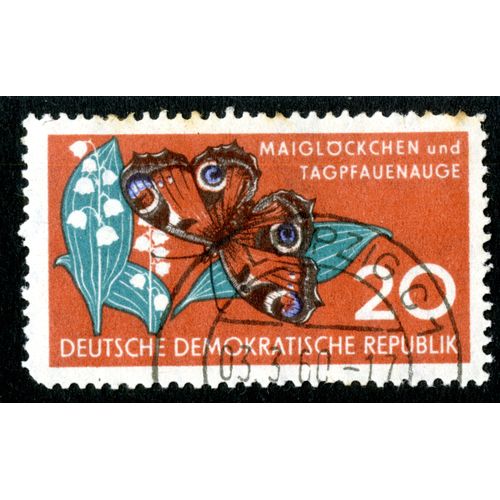 Timbre Oblitéré Deutsche Demokratische Republik, Maiglöckchen Und Tagpfauenauge, 20