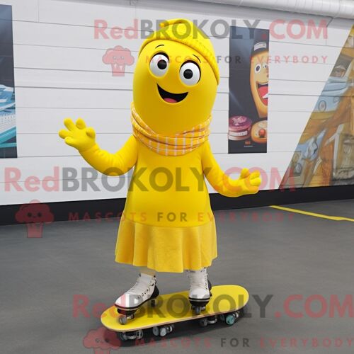 Personnage De Costume De Mascotte Redbrokoly De Skateboard Jaune Habillé Avec Une Jupe Trapèze Et Des Clips Pour Écharpe