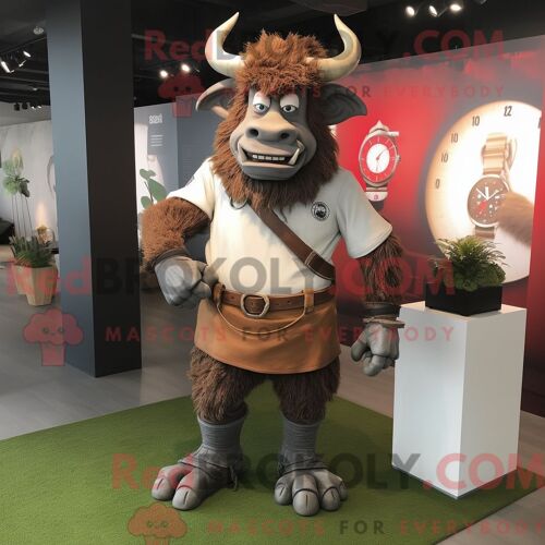 Costume De Mascotte Redbrokoly De Minotaure Habillé D Un Polo Et De Montres-Bracelets