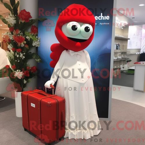 Costume De Mascotte Redbrokoly De Personnage Rouge Mais Habillé Avec Une Robe De Mariée Et Des Porte-Documents