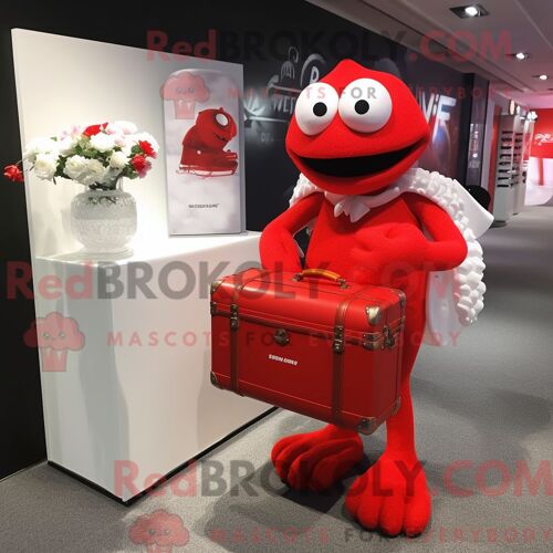 Costume De Mascotte Redbrokoly De Personnage Rouge Mais Habillé Avec Une Robe De Mariée Et Des Porte-Documents