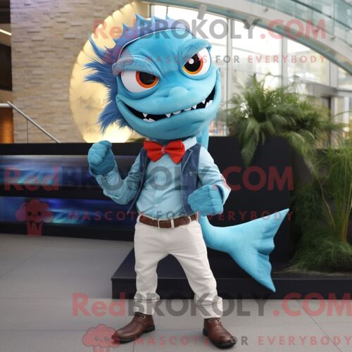 Costume De Mascotte Redbrokoly De Barracuda Turquoise Personnage Habillé Avec Un Jean Boyfriend Et Des Noeuds Papillons